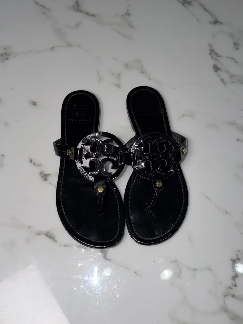 Tory Burch Miller Black Patent Leather Logo Sandals Women's Size 7